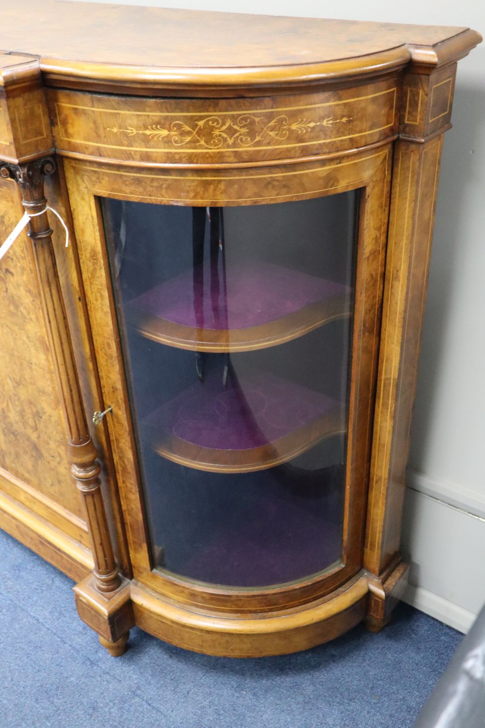 A Victorian walnut credenza, width 150cm, depth 46cm, height 110cm